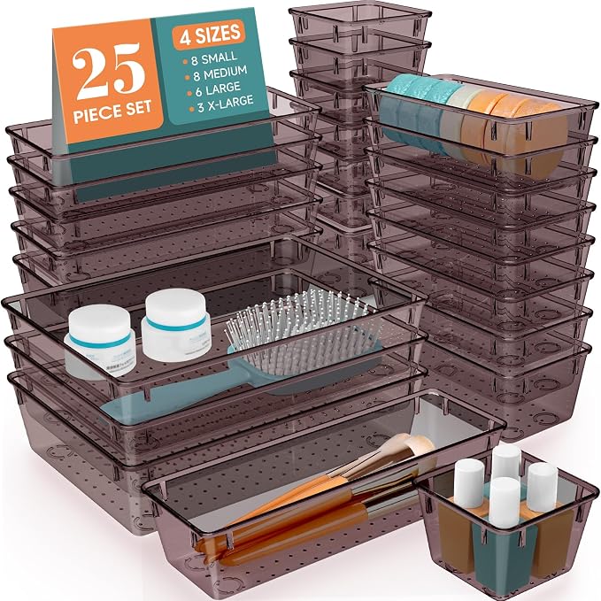 25 PCS Plastic Drawer Organizer Set, Makeup Organizers and Storage Bins