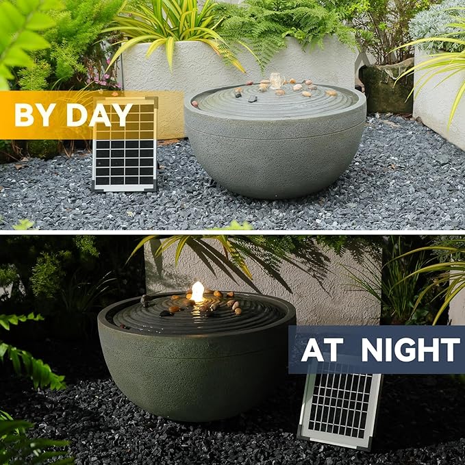 Tankana Solar Water Fountain Outdoor Garden Bubbler Water Feature Outdoor Fountains Solar Powered with Pebbles for Patio Deck Yard Home Decor Gray, 20 "L X 20" W X 11.5" H