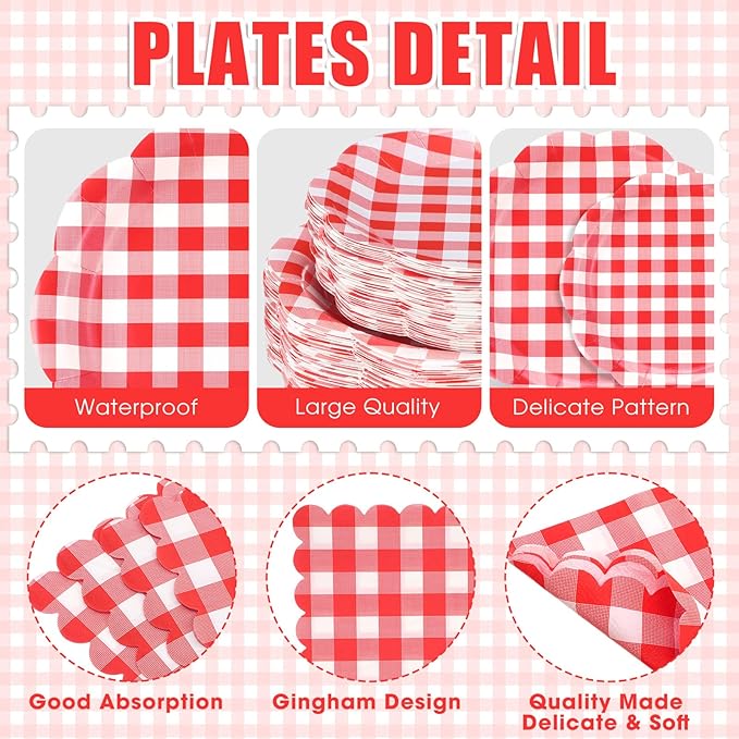 Funnymoom 400 Pcs Gingham Party Supplies for 50 Guests Red and White Paper Plates and Napkins Knives Spoon Fork Cup Disposable Checkered Dinner Party Set Cutlery for Baby Shower Wedding Favor