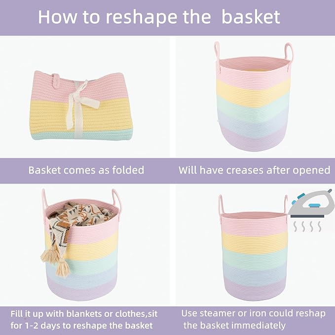 XUANGUO Rope Laundry Basket Hamper for Kids Girl Large, rainbow
