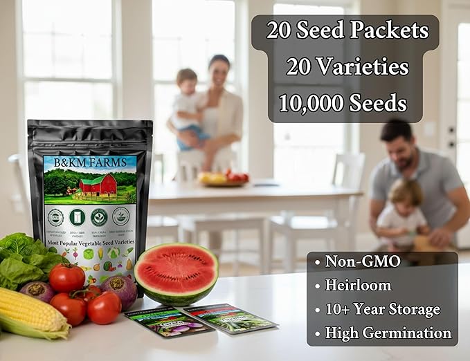B&KM Farms Vegetable & Herb Seed Vault, 20 Varieties, 40 Packets, 20,000+ Heirloom Non-GMO Seeds, Water Resistant Reclosable Packaging, Home Garden (20 Pack: The Beginner Garden Collection)