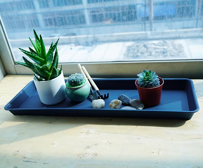 VUWEZ 2 Pack Plastic Plant Saucer, Rectangular 24 inch, Indoors Outdoor Plant Water Drip Tray for Flower Pot Planter, Windowsill Tray (8 X 24'', Blue)