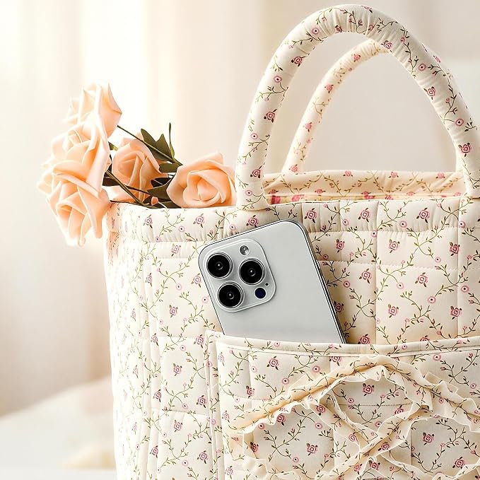 Quilted Fabric Car Storage Basket with Handles & Pocket, Foldable Laundry Hamper Boho Floral Print Organizer Bin for Home, Picnic, Office Nursery Cloth Toy 12"x10"x10" (Style B)