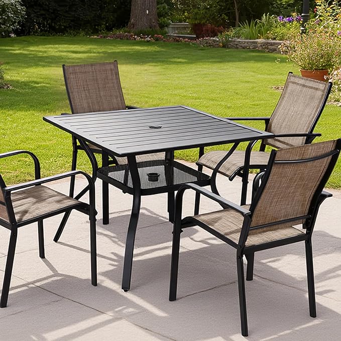 37" Outdoor Dining Table for 4 Person, Metal Rectangular Steel Slat Square Patio Dining Table with Adjustable Umbrella Hole for Garden, Partitioned Storage Rack, Backyard and Porch, Black