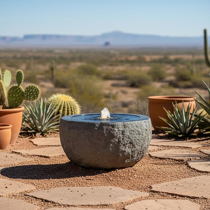 Sunnydaze Outdoor Water Fountain with LED Light - Polystone Round Bowl Bubbler Water Feature with Pump - 9.5" H - for Patio, Garden, Deck, Relaxation and Stress Relief - Gray