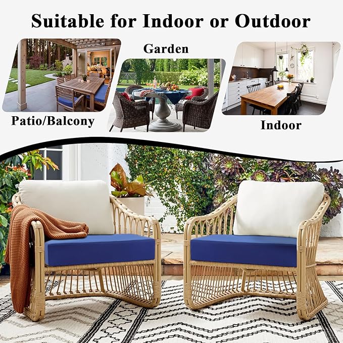 Topotdor Outdoor Chair Cushions for Patio Furniture,Waterproof Patio Chair Cushions Set of 2,Indoor/Outdoor Round Corner Chair Seat Cushion with Ties,20"x20"x3" Blue