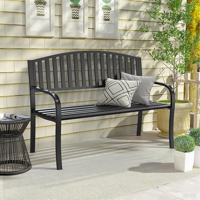 50" Heavy Duty Outdoor Bench, Metal Weatherproof Garden Bench Cast Iron Heavy-Duty Patio Bench with Decorative Backrest for Proch Park 880lb Capacity