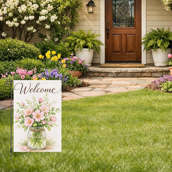 Heyfibro Spring Garden Flag 12x18 Inch Double Sided Welcome Florals Blossom Jar Garden Flag Small Yard Flags for Outside House Farmhouse Seasonal Spring Outdoor Decorations