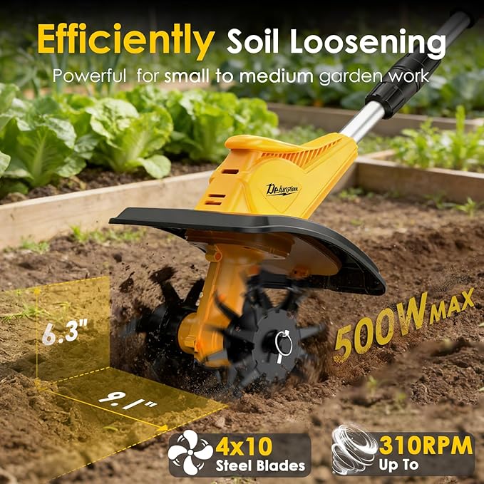 Garden Tools - Cordless Tiller Cultivator Compatible with DEWALT 20V MAX Battery (Tool Only), 310RPM Electric Rototiller with 40 Steel Tines, 9.1In Tilling Width & 6.3In Depth Tiller, Folding Design