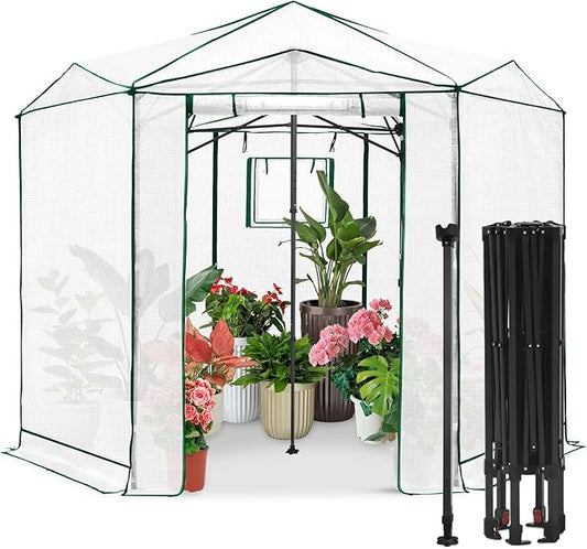 EAGLE PEAK 8.5x8.5 Portable Walk in Greenhouse, Pop Up Indoor Outdoor Greenhouse, Green House Kit with Zippered Roll-Up Doors and Windows, Hexagon Design, PE Cover, Clear/White