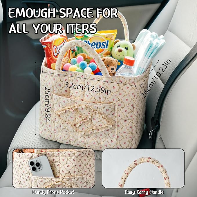 Quilted Fabric Car Storage Basket with Handles & Pocket, Foldable Laundry Hamper Boho Floral Print Organizer Bin for Home, Picnic, Office Nursery Cloth Toy 12"x10"x10" (Style B)