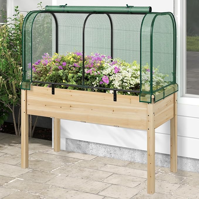 Happygrill Raised Garden Bed with Greenhouse Cover, Raised Bed with Legs & Drainage Holes for Herbs, Vegetables, Outdoor Wood Elevated Planter Box for Patio, Backyard, Balcony (Green+Natural)