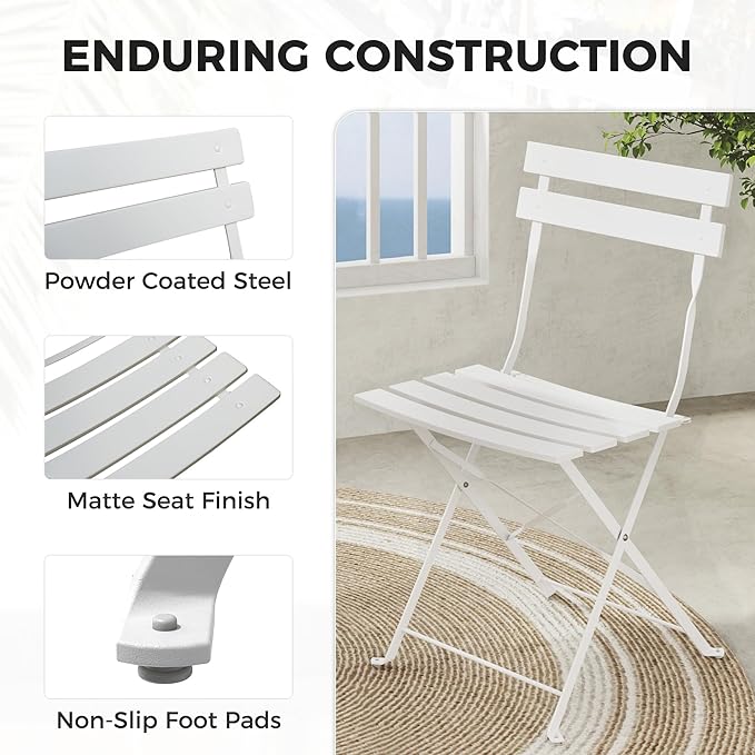 Grand patio 3-Piece Folding Bistro Set, 2 Chairs and 1 Table, Weather-Resistant Outdoor/Indoor Conversation Set for Patio, Yard, Garden-White