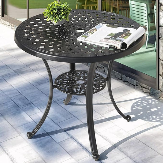 NUU GARDEN 31" Round Patio Bistro Table, Cast Aluminum Round Outdoor Bistro Table with Umbrella Hole for Poolside, Deck, Porch, Backyard, Balcony, Black with Gold-Painted Edge