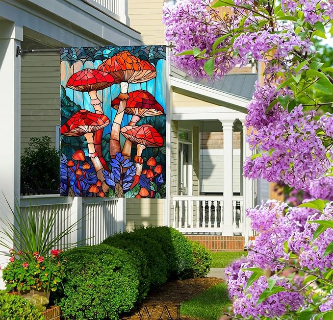 Stained Glass Mushroom Spring House Flag 28x40 Inch Double Sided, Large Burlap Garden Yard Flag for Seasonal Farmhouse Outside Outdoor Decor
