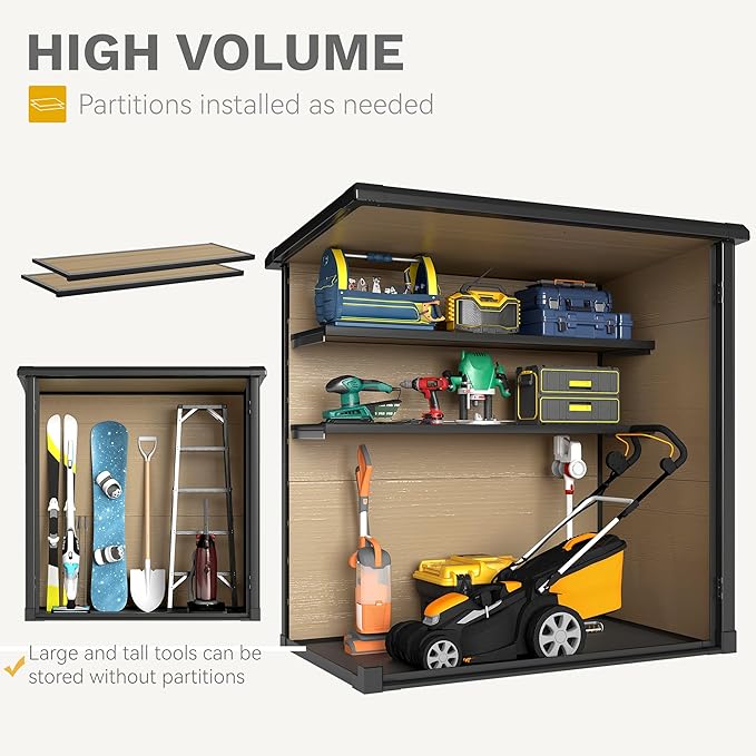 DWVO Outdoor Storage Shed 54 cuft with 2 Shelves, 4.2x2.6x5ft Vertical Tool Shed with Floor & Lockable Doors, Sturdy Double-Wall Plastic Cabinet for Garbage Cans and Garden Storage, Brown
