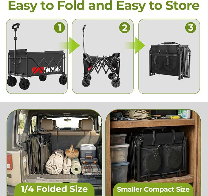 Black Collapsible Wagon Cart, Lightweight Portable Foldable Wagon with Wheels, 220lbs Utility Cart for Grocery, Light Camping, Sports, Easy to Fold & Store(Black)