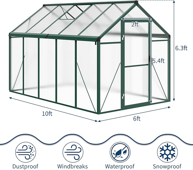 Garvee 6 x 10 ft Greenhouse, Greenhouses for Outside, Polycarbonate Greenhouse with Aluminum Frame, Lockable Door and Ajustable Roof Vent for Backyard, Green Houses for Outside Garden Backyard, Patio
