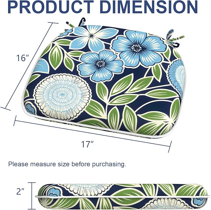 Outdoor 16"x17" Chair Pads Set of 4, Water Resistant Patio Chair Cushions with Ties, Seat Cushions for Home Garden Furniture Decoration, Azure Bloom
