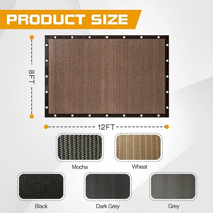 8'x 12' Sun Shade Cloth with Bungee Balls, Mocha Outdoor Pergola Shade Cover with Grommets, 90% UV Block Privacy Screen for Patio, Garden, Backyard