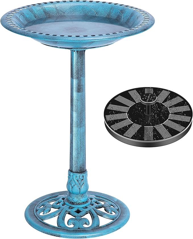 VIVOHOME Bird Bath with Solar Fountain for Outside, Polyresin Pedestal Bird Baths with Solar Powered Pump for Outdoor, Garden, Weather-Resistant Birdbaths with 20" Bowl, Blue