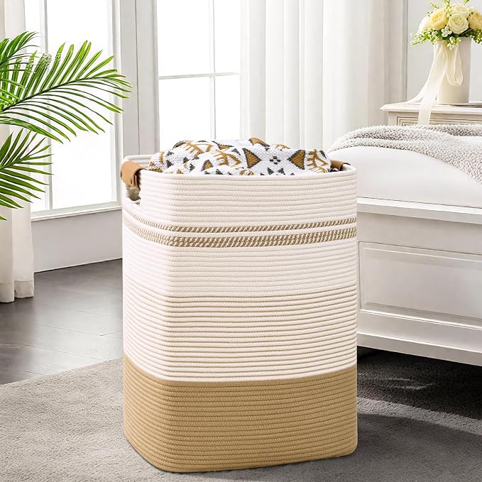 Laundry Hamper, 105L Tall Laundry Basket with Leather Handles, Rectangle Large Clothes Hamper for Organizing, Cotton Woven Laundry Baskets Storage Hampers for Bedroom, Nursery, Living Room