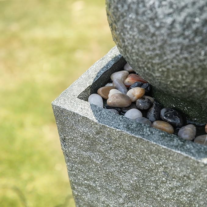 Glitzhome Outdoor Water Fountain, Outdoor Fountain with Pebbles, Pump and LED Light, 40.25" H Modern Geometric Pedestal and Sphere Polyresin Waterfall Fountain for Patio, Backyard, Garden, Deck Decor