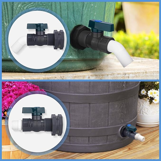 2 Pack PVC Rain Barrel 45°Elbow Spigot Kit, 3/4 Inch Rain Barrel Valve with Bulkhead Connector and Hose Adapter, Garden Faucet Kit for Water Tanks, Aquariums, Pools, Garden Barrels