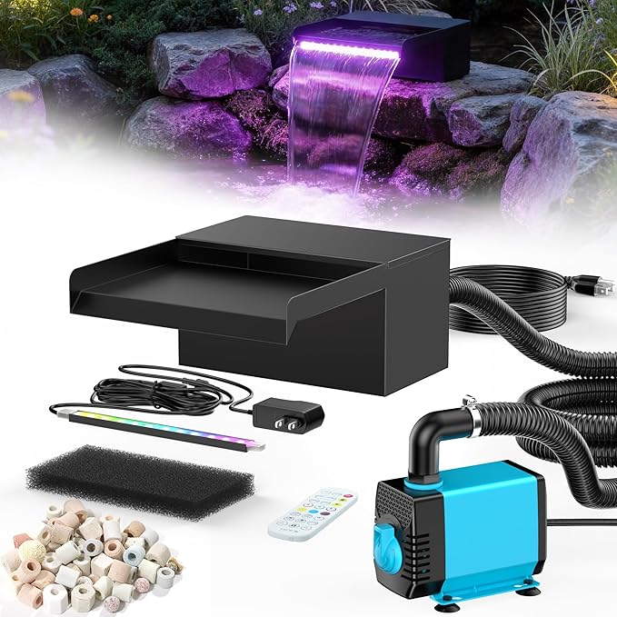 POPOSOAP 8inch Pond Waterfall Spillway with RGB LED Lights & 660GPH Pond Pump- APP/Remote Control, 304 Stainless Steel Pond Spillway with 9.8FT Tubing for Garden Ponds Landscape Water Features-P42DY