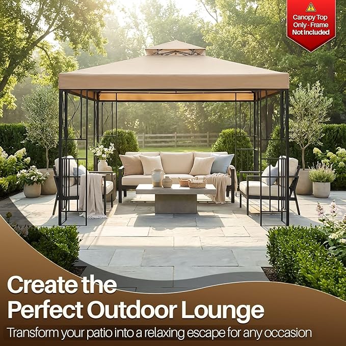 Flexzion Gazebo Cover Replacement Canopy Top 8x8 Ft (2.4m x 2.4m) - Double Tier Top Canopy Cover Replacement with UV30+, Dirt, Water Resistant for Outdoor, Sunshade, Garden, Patio, Pavilion