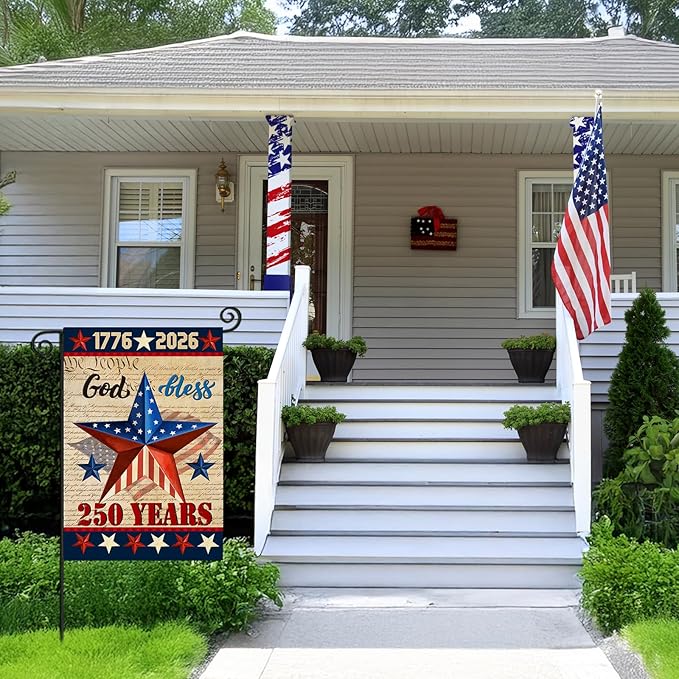 250 Anniversary USA Garden Flags for Outside,4th of July 250th Year America Banner,God Bless United States 12x18 Inch Double-Sided with Patriotic Star,1776-2026 America Merchandise for Yard Decoration