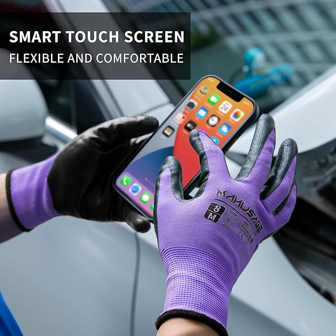 Manusage Safety Work Gloves for Men and Women - Nitrile With Touchscreen Fingers and Grip - Mechanics Gloves (Size XXL, Purple, 24-Pairs)