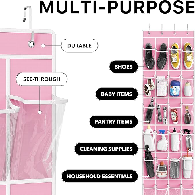 Simple Houseware 24 Pockets Clear Over the Door Shoe Organizer, Pink | 64" x 19", 4 Durable Metal Hooks, 4.3" x 9.5" Pocket Size, Multipurpose