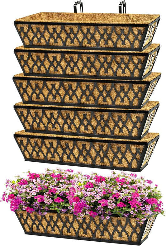 6 Pack 24 Inch Window Boxes Planters Railing Planter Box with Adjustable Brackets for Porch Fence Patio Balcony Hanging Flower Baskets with Coco Liners for Outdoor Garden Decor - Black