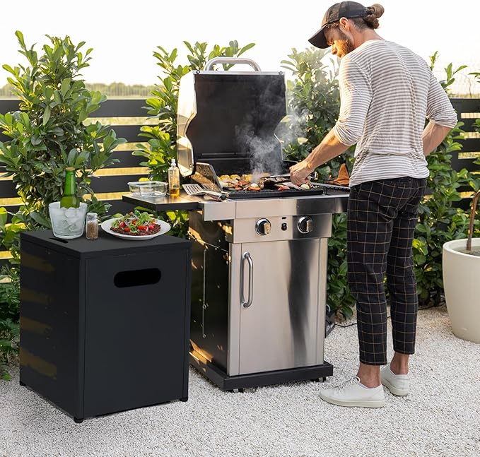 Outvita Outdoor Propane Tank Cover Table, 16in Propane Tank Storage Box with Carry Handle, Powder-Coated Steel, Multi - Use as Side Table for Patio, Garden & Living Room, 16 * 16 * 19.8inch, Black