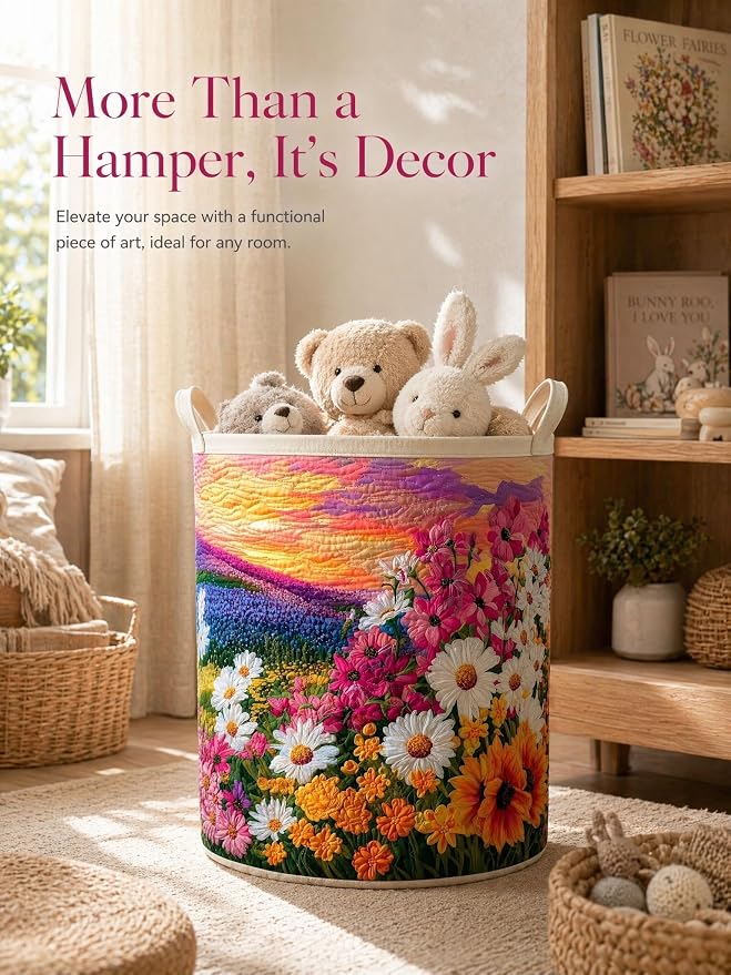 Quilted Laundry Basket with Handles, Boho Floral Quilted Storage Hamper, Large Capacity Laundry Hamper for Nursery Bedroom Laundry Room Home Decor (Pattern 01, Medium (22"H x 16"W x 16"L))