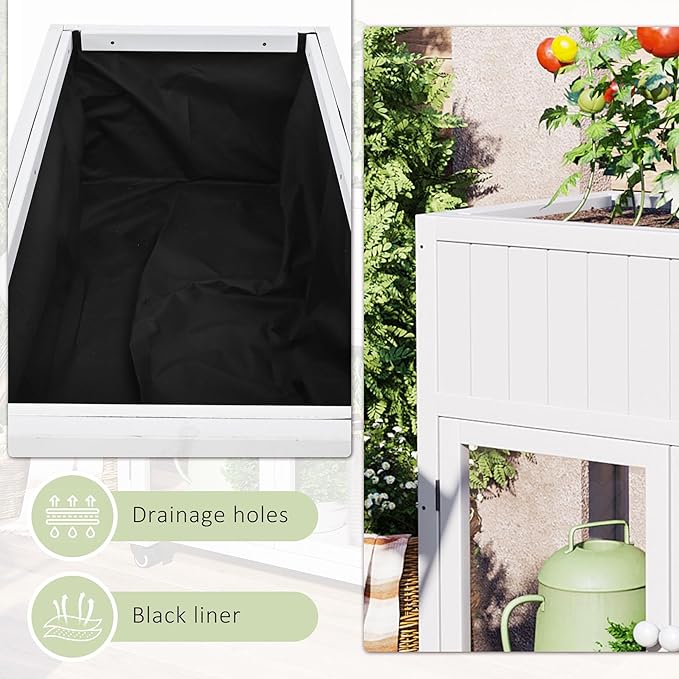 Polibi Patio Mini Wood Cold Frame, Compact 2 Doors Garden Greenhouse with Wheels, Raised Bed with Liner for Indoor Outdoor Use,35.4''x17.7''x37.4'',White