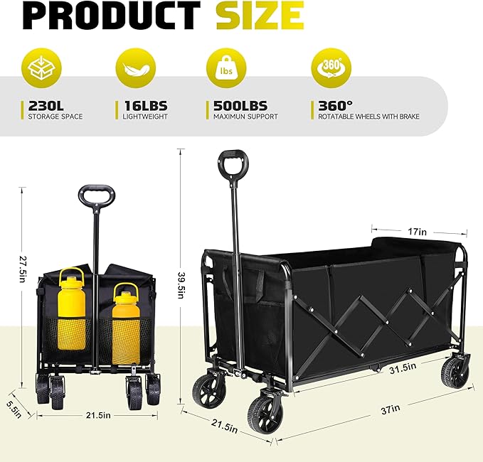 500LBS Collapsible Foldable Wagon Cart - 230L Large Wagons with Table, Heavy Duty Portable Utility Folding Cart with 360° Swivel Brakes Wheels & 2 Cup Holders, for Shopping Camping Beach Garden & Fish