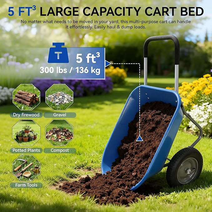 Dual Wheel Garden Wheelbarrow,Heavy Duty Yard Cart with 10“/15" Pneumatic Tires, Rustproof Poly Tray & Steel Handle, 300 lbs Capacity Utility Cart for Lawn, Farm, and Landscaping (Blue-15“)