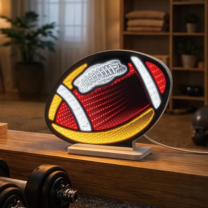 3D Football Infinity Mirror Light, LED Infinity Mirror Night Light with Endless Sports Tunnel Effect, USB Powered 3D LED Lights for Man Cave & Game Room Decor, Gift for Fans Men, 11"x8.3"