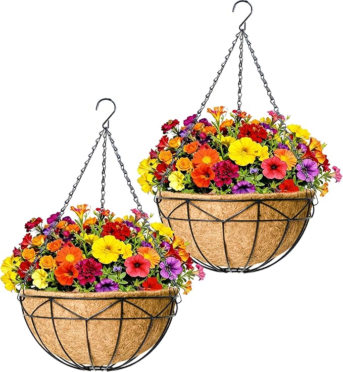 2 Pack 12" Round Metal Hanging Basket for Outdoor Plants Durable Large Hanging Planter with Coco Coir Round Plant Holders Planter for Outside Garden Decoration (Geometric)