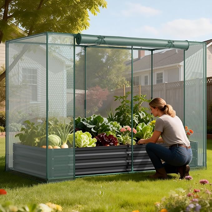 DoCred Crop Cage with Raised Garden Bed, 84.6" x 45.3" x 59" Plant Protection Tent Garden Cages with Window, 2 in 1 Galvanized Raised Garden Bed Kit and Mesh Cover for Garden, Yard, Lawn