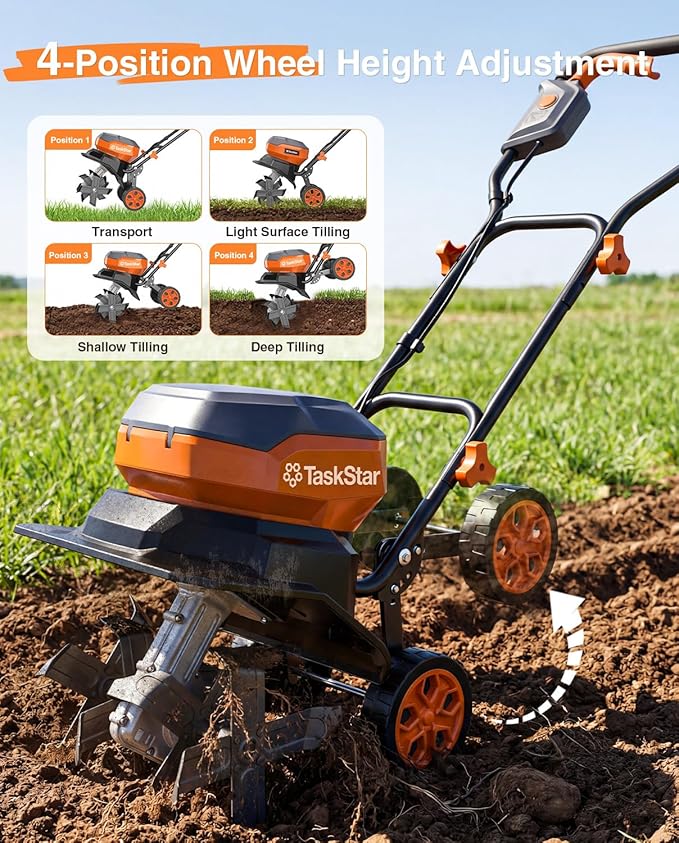 12 Inch Electric Tiller Cultivator, 40V Cordless Tiller for Gardening with 2 * 5.0 Ah Batteries, 8 Inch Depth Rototillers Battery Powered with Adjustable Wheels for Lawn Yard Weeding Soil Cultivation