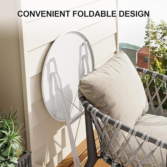 GarveeLife 3-Piece Folding Bistro Set, Foldable Patio Furniture Set with Premium Frame, Outdoor Bistro Table and Chairs Set of 2 for Patio, Garden and Balcony, White