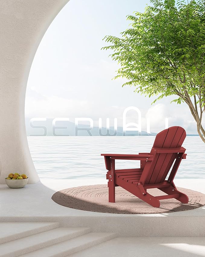 SERWALL Foldable Adirondack Chair Set of 2, Weather Resistant HIPS Patio Chairs with Cup Holder for Garden Outdoors Fire Pit Chairs- Red