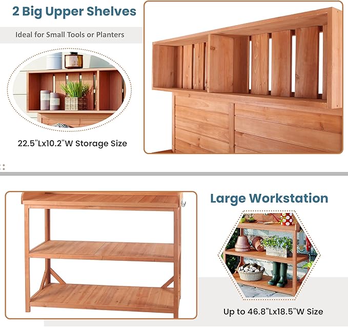 RUNNA 65" Large Wooden Farmhouse Rustic Outdoor Potting Bench Table, Patio Workstation, Garden Potting Bench with 4 Storage Shelves and Side Hook (Natural#023)