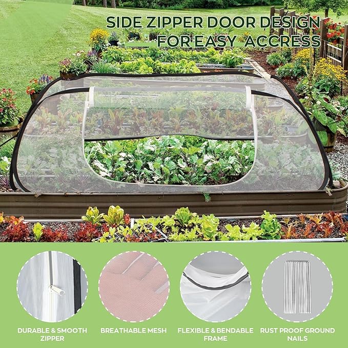 Pop Up Raised Garden Bed Cover -45''x22''x18'' Instant Plant Protection Against Bird, Pests & Squirrel，Plant Net Cover for Raised Bed with Zipper Door for Protecting Vegetable Row