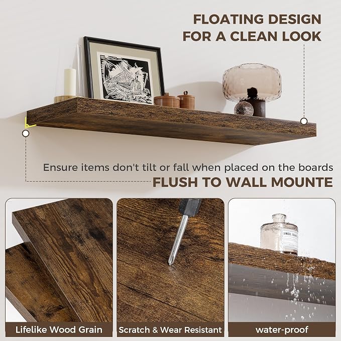 Fun Memories Small Floating Shelves for Wall - 8 Inch Square Wall Shelves with Invisible Brackets, Rustic Brown Shelves for Bathroom, Living Room, Bedroom, and Kitchen Decor, Set of 3
