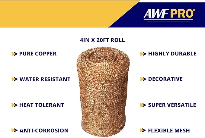 AWF PRO 4" x 20' Copper Mesh for Pest, Mice and Rodent Control, Pack of 3 – Rust and Bacteria Resistant, Perfect for Homes, Gardens and Decor