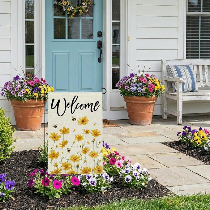 CROWNED BEAUTY Spring Summer Garden Flag Yellow Wildflower Welcome 12x18 Inch Double Sided Small Seasonal Holiday Floral Farmhouse Decoration for Outdoor Lawn Yard
